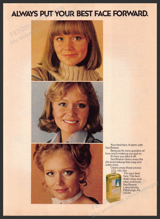 Sea Breeze 1970s Print Advertisement 1976 Skincare "Put your best face forward" Fetch-the-Paper