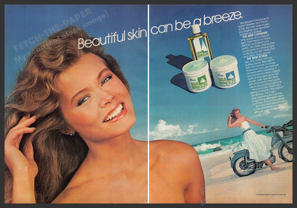 Sea Breeze 1980s Print Advertisement (2 page) 1982 Beach Girl Motorcycle Fetch-the-Paper