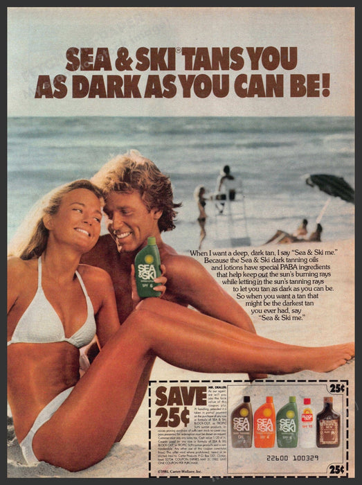 Sea & Ski 1980s Print Advertisement 1981 Couple Beach Legs Lifeguard Sea & Ski