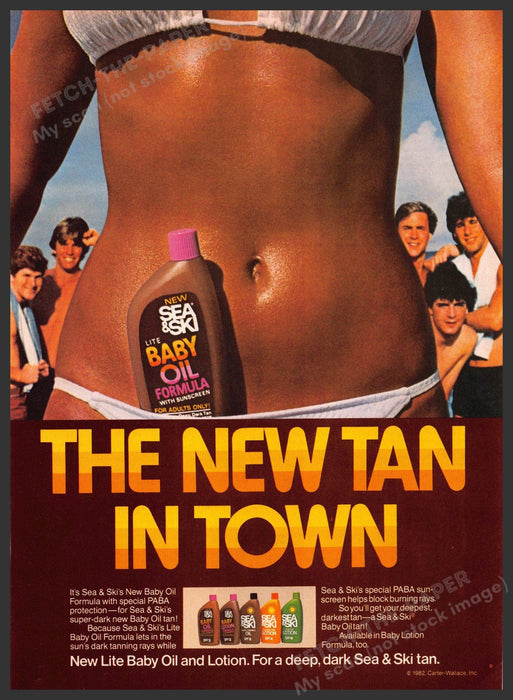 Sea & Ski Baby Oil 1980s Print Advertisement 1982 Tan Stomach Bikini Fetch-the-Paper