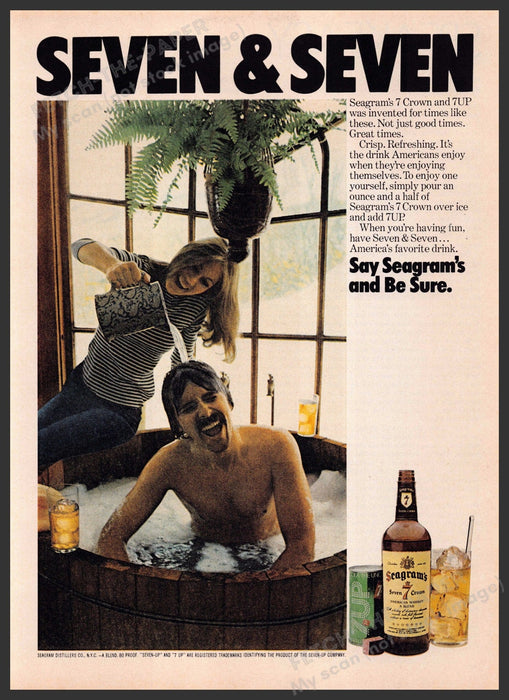 Seagram's 7 1970s Print Advertisement 1976 Couple Hot Tub Fun Fetch-the-Paper