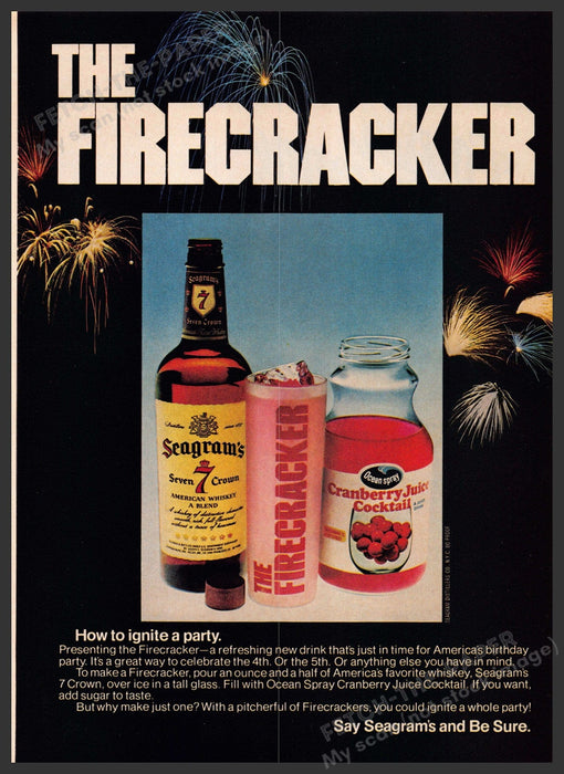 Seagram's 7 1970s Print Advertisement 1976 "The Firecracker" Drink Recipe Fetch-the-Paper