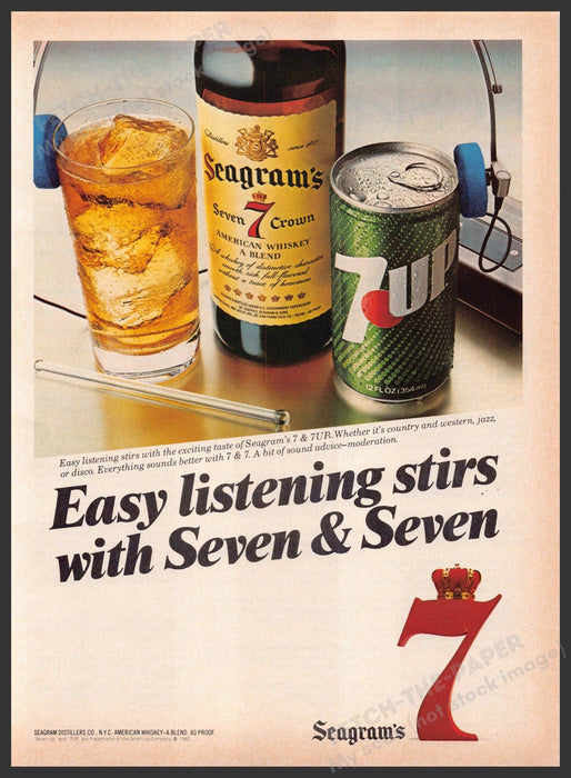 Seagram's 7 & 7 UP 1980s Print Advertisement 1982 Easy Listening Headphones Fetch-the-Paper