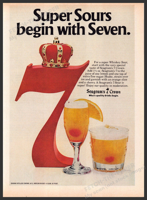 Seagram's 7 Crown 1980s Magazine Print Advertisement 1981 "Super Sours" Recipe Fetch-the-Paper