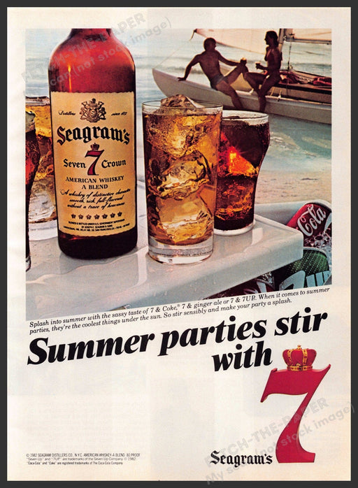 Seagram's 7 Whisky 1980s Print Advertisement 1982 Couple Catamaran Boat Fetch-the-Paper
