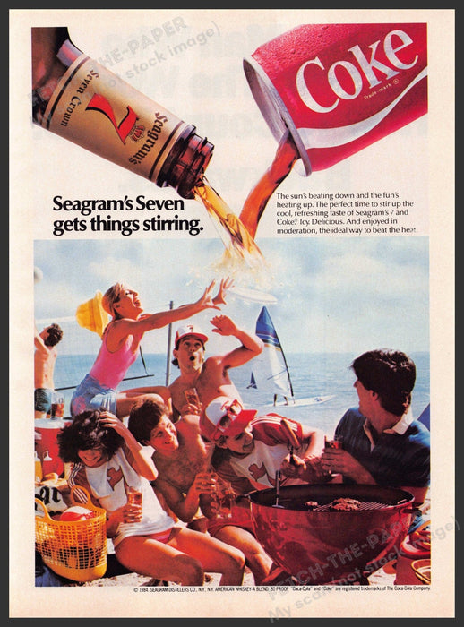 Seagram's & Coke 1980s Magazine Print Advertisement 1984 Beach Party Seven Seagrams Coke