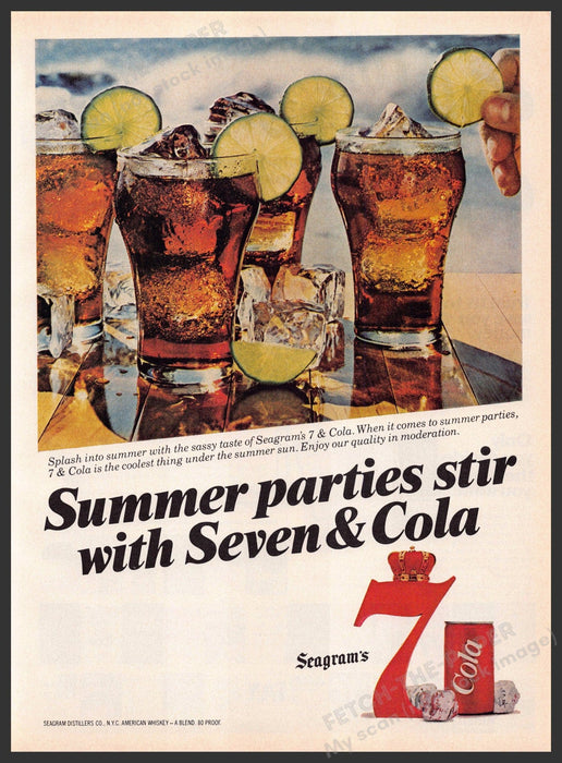 Seagram's & Cola 1980s Print Advertisement 1981 Splash Lime Summer Parties Seagram's