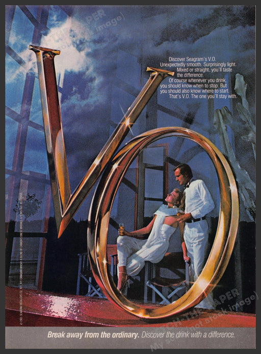 Seagram's V.O. 1980s Print Advertisement 1984 "Break away from the ordinary" Fetch-the-Paper