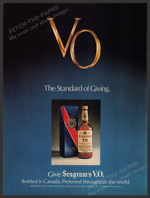 Seagram's V.O. Candadian Whisky 1970s Print Advertisement 1977 Standard of Givin Fetch-the-Paper