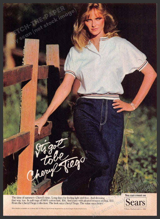 Sears Cheryl Tiegs 1980s Print Advertisement 1982 Clothing Posing Next to Fence Fetch-the-Paper