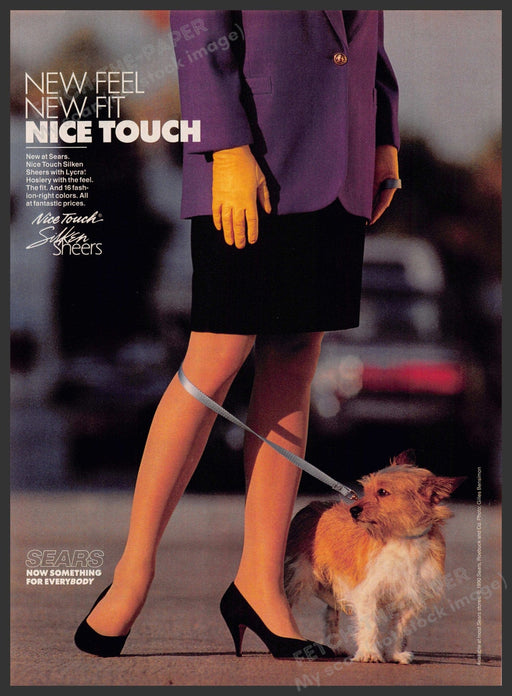 Sears Nice Touch Pantyhose 1990s Print Ad 1990 Legs Dog Portugese Pondego Fetch-the-Paper