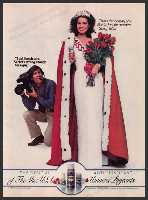 Secret Deodorant 1980s Print Advertisement 1983 Miss Pageant Sela Ward Fetch-the-Paper