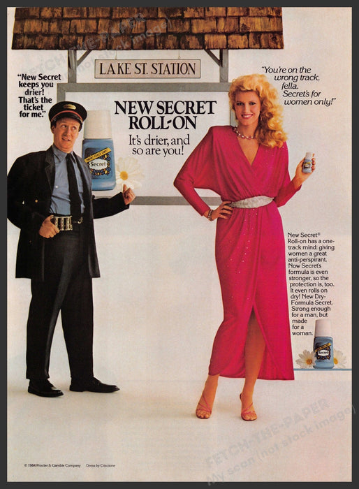Secret Deodorant 1980s Print Advertisement 1984 Lake St. Station Attendant Legs Fetch-the-Paper