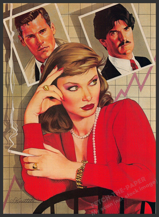 Sharon Knettel Artist 1980s Magazine Illustration 1984 Woman Two Men to Choose Fetch-the-Paper