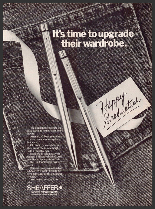 Sheaffer 1980s Print Advertisement 1981 Pen It's time to upgrade their wardrobe Fetch-the-Paper