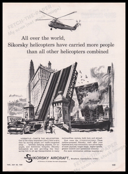 Sikorsky Aircraft Helicopters Drawbridge 1950s Print Advertisement Ad 1959 Fetch the Paper!