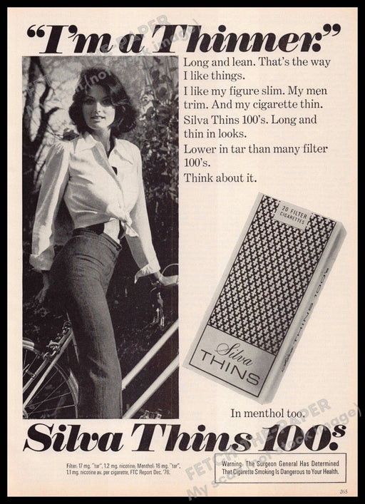 Silva Thins 1970s Print Advertisement 1977 Cigarettes Girl "I'm a thinner" Silva Thins