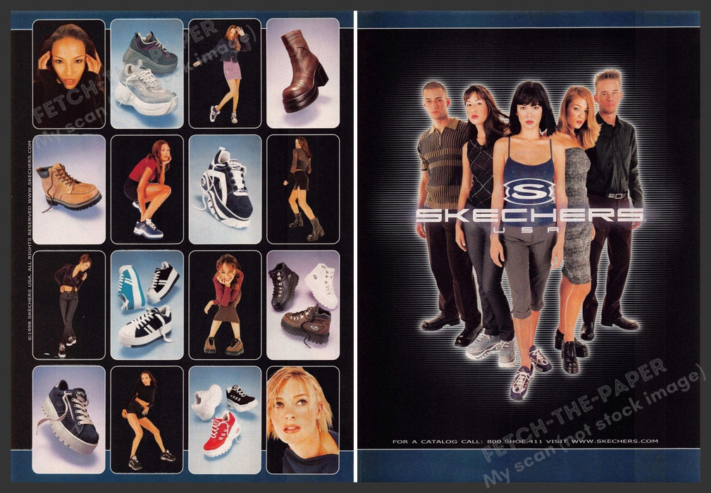 Skechers 1990s Magazine Print Advertisement (2 pgs) 1998 Legs Footwear Collage Fetch-the-Paper