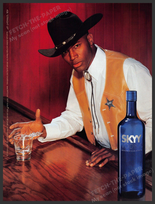 Skyy #36 "Straight Up" 2000s Print Advertisement 2003 Cowboy at the Bar Fetch-the-Paper