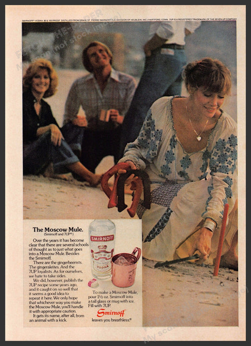 Smirnoff "The Moscow Mule" 1970s Print Advertisement 1976 Playing Horseshoes Fetch-the-Paper