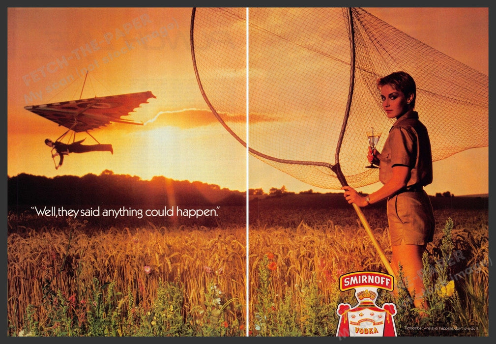 Smirnoff Vodka 1980s Print Advertisement (2 pages) 1980 Net Hang Glider Fetch-the-Paper