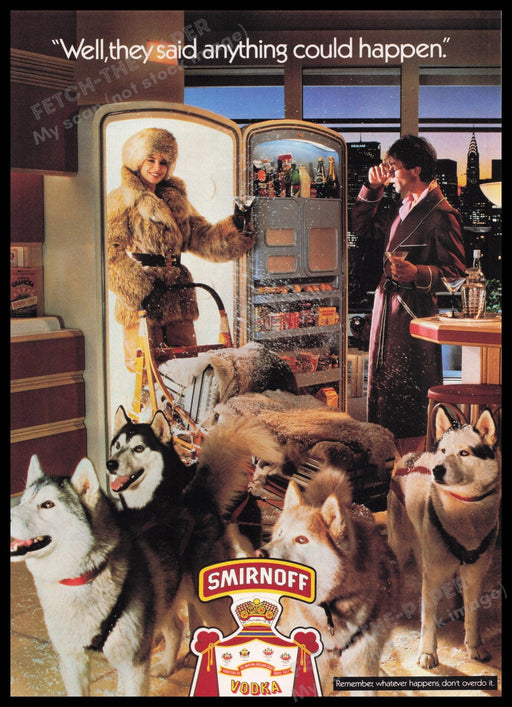 Smirnoff Vodka 1980s Print Advertisement Ad 1982 Alaskan Malamute Dog Fetch the Paper!