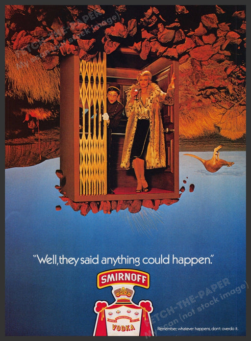 Smirnoff Vodka "Anything could happen" 1980s Print Advertisement Ad 1980 Fetch-the-Paper