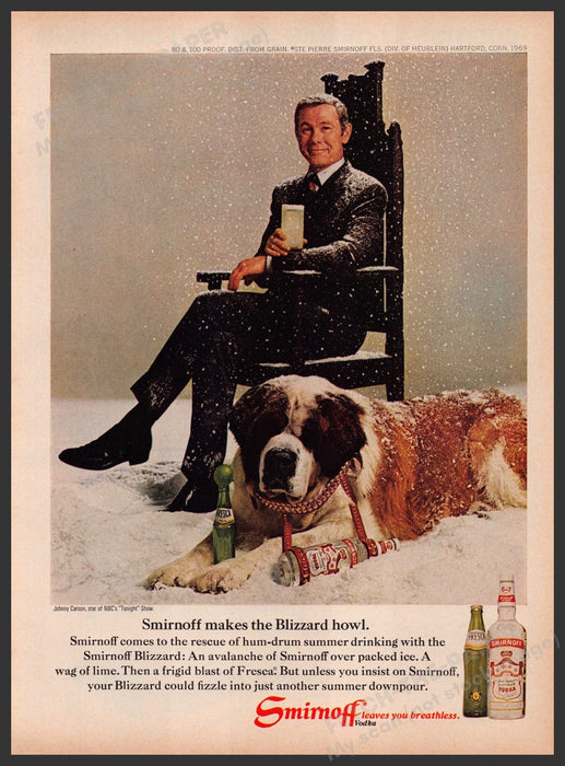 Smirnoff Vodka Johnny Carson 1960s Print Advertisement Ad 1969 St. Bernard Dog Fetch the Paper!