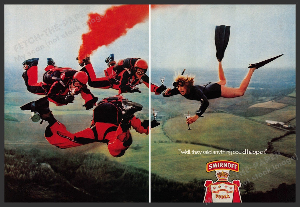 Smirnoff Vodka Skydiving 1970s Print Advertisement (2 pages) 1978 Fetch-the-Paper