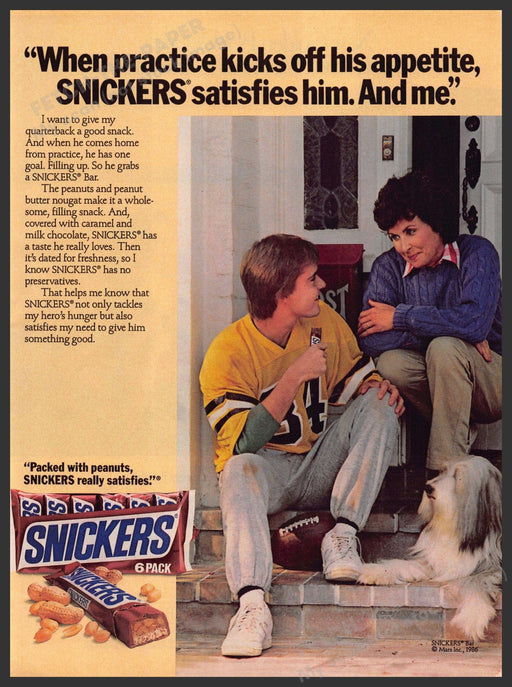Snickers 1980s Print Advertisement 1986 Mom Football Practice Son Sheepdog Dog Snickers