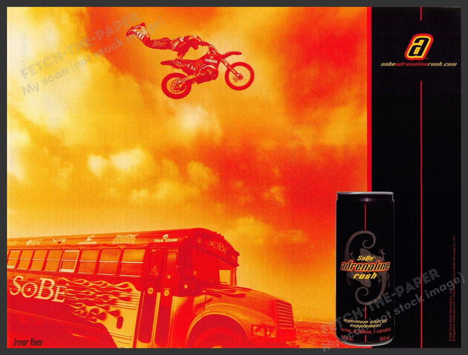 SoBe Adrenaline Rush 2000s Print Advertisement 2001 Trevor Vines Motocross Fetch-the-Paper