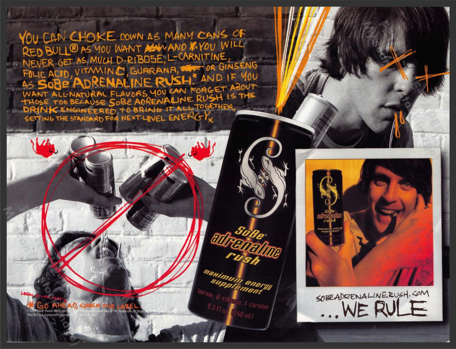 SoBe Adrenaline Rush 2000s Print Advertisement 2003 Next Level Energy Fetch-the-Paper