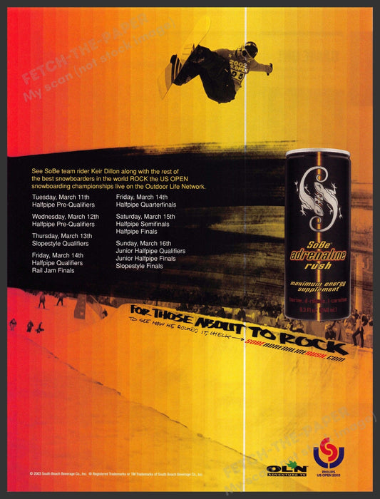 SoBe Keir Dillon 2000s Print Advertisement 2003 US Open Snowboarding Fetch-the-Paper