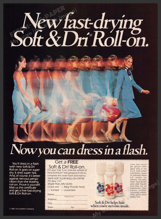 Soft & Dri Deodorant 1980s Print Advertisement 1983 "Dress in a flash" Fetch-the-Paper