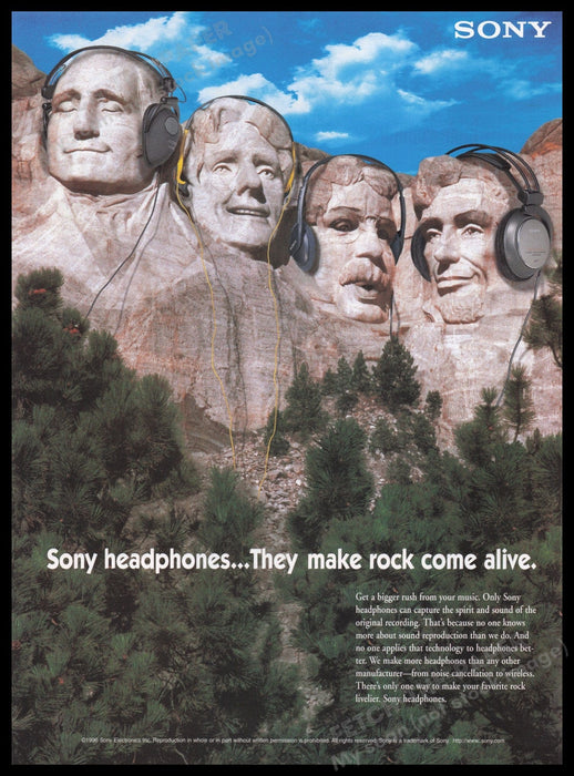 Sony Headphones Mount Rushmore Presidents 1990s Print Advertisement Ad 1996 Fetch the Paper!