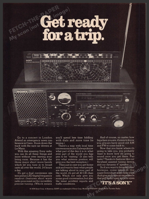 Sony Radio Receiver 1970s Print Advertisement 1978 "Get ready for a trip" Fetch-the-Paper