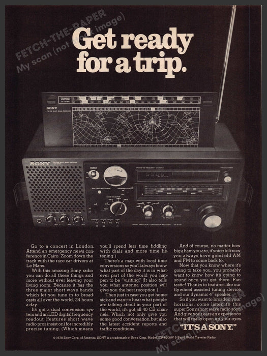 Sony Radio Receiver 1970s Print Advertisement 1978 "Get ready for a trip" Fetch-the-Paper