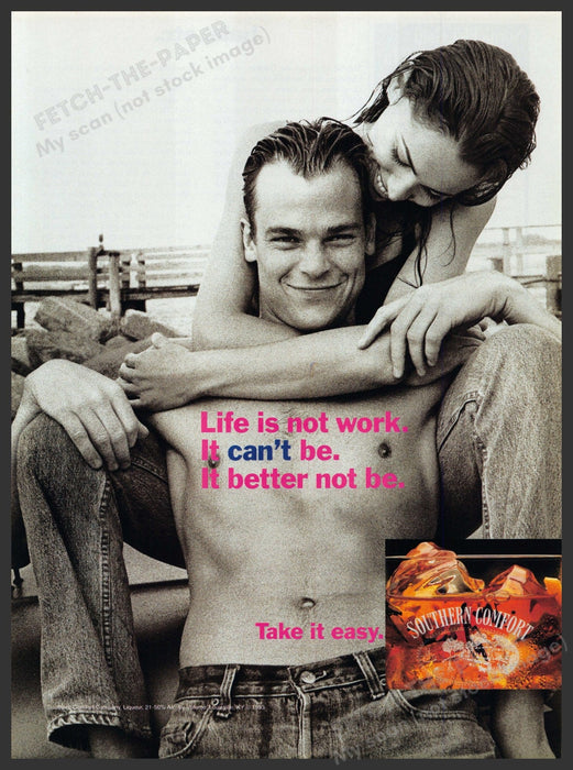 Southern Comfort 1990s Print Advertisement Ad 1993 Couple Shirtless Guy Not Work Fetch-the-Paper