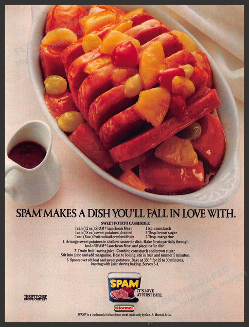 Spam 1980s Magazine Print Advertisement 1983 "Sweet Potato Casserole" Recipe Spam