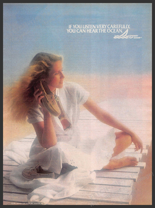 Sperry Shoes 1980s Print Advertisement 1981 Girl "You can hear the ocean" Sperry