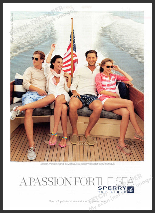 Sperry Top-Sider 2010s Print Advertisement 2013 Legs Couples Wooden Boat Flag Fetch-the-Paper