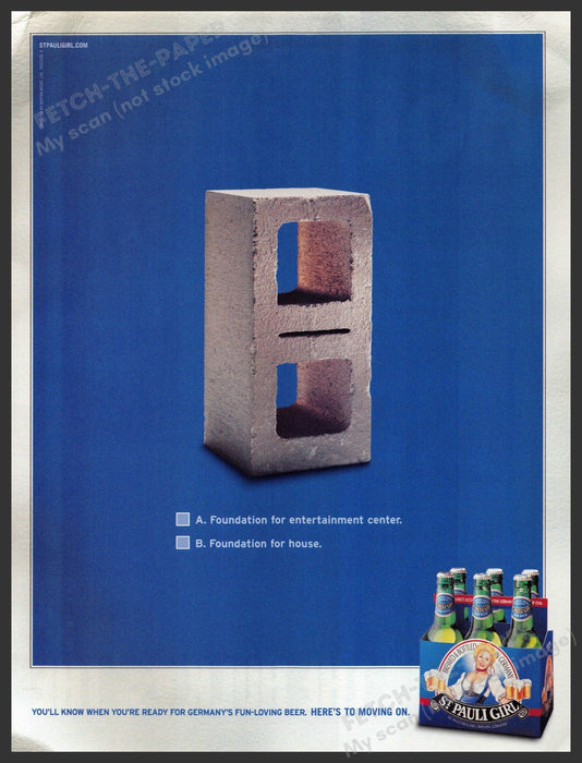 St. Pauli Girl 2000s Print Advertisement 2003 Cement Block Fetch-the-Paper