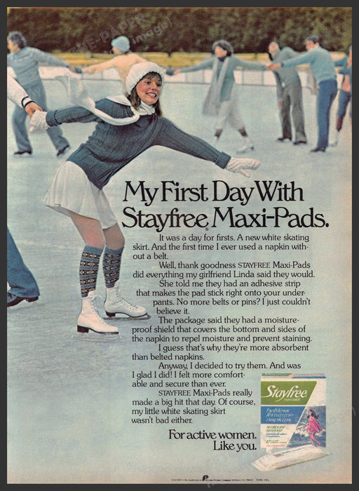 Stayfree 1970s Print Advertisement 1977 Maxi-pads Ice Skating Outdoor Rink Stayfree