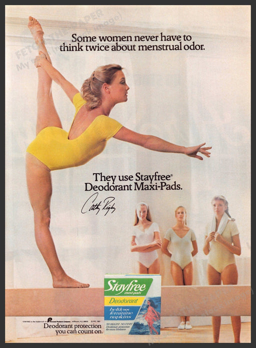 Stayfree Cathy Rigby 1980s Print Advertisement 1982 Balance Beam Legs Fetch-the-Paper