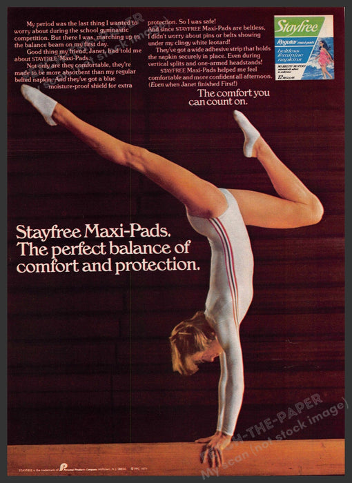 Stayfree Maxi-Pads 1970s Print Advertisement 1979 Gymnast Beam Legs Stayfree
