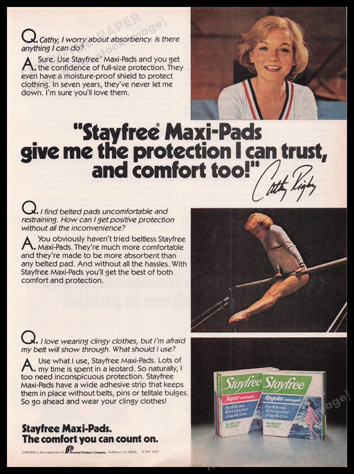 Stayfree Maxi-pads Cathy Rigby Uneven Bars 1980s Print Advertisement Ad 1980 Fetch the Paper!