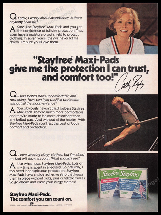 Stayfree Maxi-pads Cathy Rigby Uneven Bars 1980s Print Advertisement Ad 1980 Fetch the Paper!