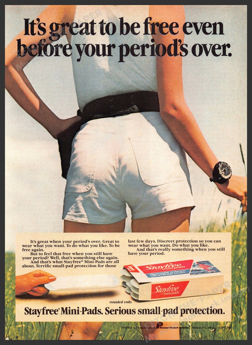 Stayfree Mini-pads 1980s Print Advertisement 1982 Legs Short Shorts Fetch-the-Paper