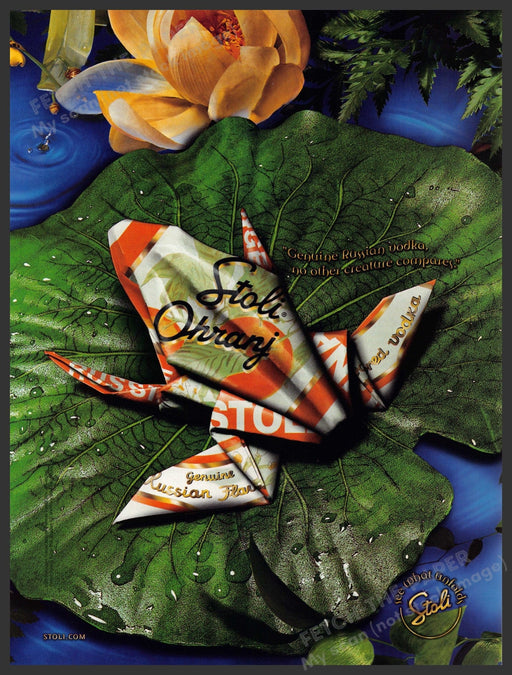 Stolichnaya Ohranj 2000s Print Advertisement Ad 2002 Oragami Frog Fetch-the-Paper