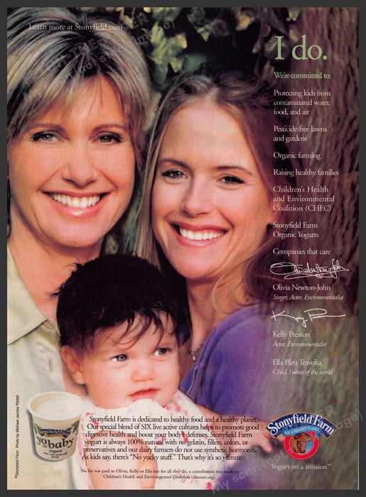 Stonyfield Farm Olivia Newton John Kelly Preston 2000s Print Advertisement 2001 Fetch-the-Paper